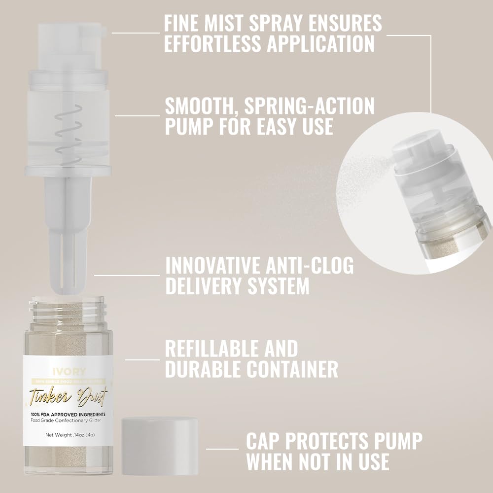 Bakell Ivory Tinker Dust Edible Glitter - 4g Mini Spray Pump, Small, Portable
