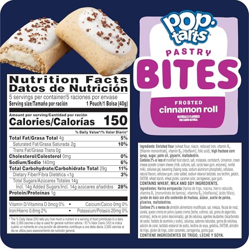 Pop-Tarts Baked Pastry Bites, Kids Snacks, School Lunch, Frosted Cinnamon Roll (5 Boxes, 25 Pouches)
