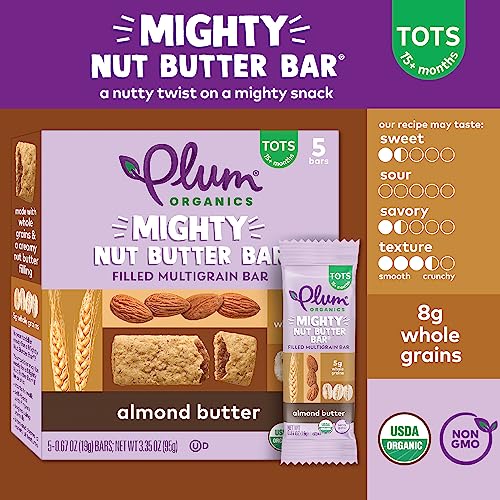 Plum Organics Mighty Nut Butter Bars - Almond Butter - 0.67 Oz Bars (Pack Of 40) - Organic Toddler Food Multigrain Snack Bars