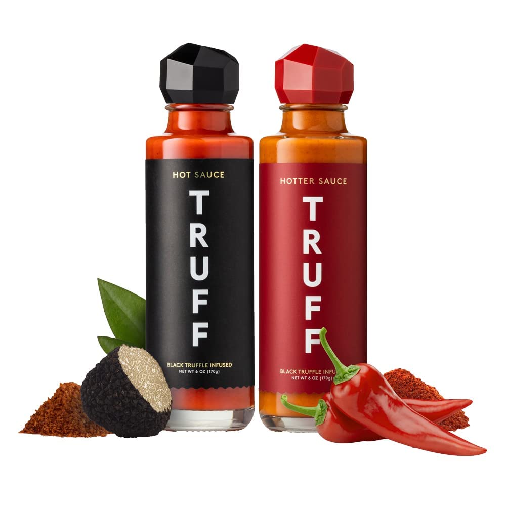 Truff Hot Sauce And Hotter Sauce 2-Pack Bundle, Gourmet Hot Sauce Set, Black Truffle And Chili Peppers, Gift Idea For The Hot Sauce Fans (Black/Red, 6 Oz, 2 Count)