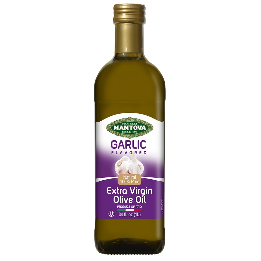 Mantova Garlic Extra Virgin Olive Oil, Cold-Pressed, 34 Fl Oz, Imported from Italy, Ideal for Salads and Dipping