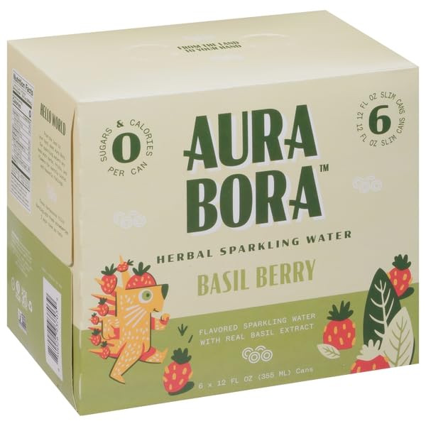 Aura Bora, Basil Berry Herbal Sparkling Water, 12 Fl Oz, 6 Pack