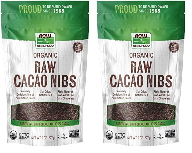 Now Foods, Organic Raw Cacao Nibs, Rich, Pure Cacao Bean Bits, Dark Chocolate Flavor, Certified Non-Gmo 8-Ounce (Packaging May V