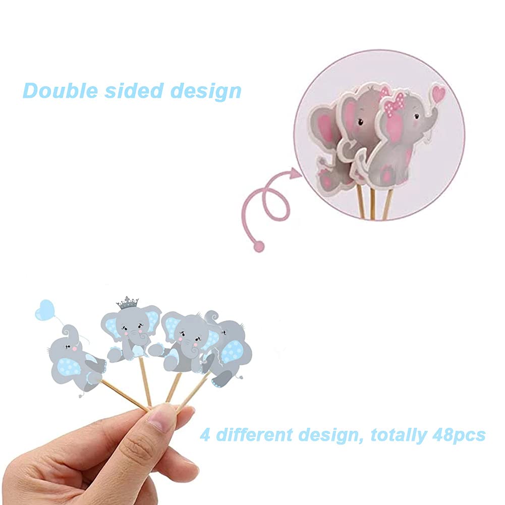 Morofme 48pcs Elephant Cupcake Toppers, Double-Sided, Cardboard, Blue, Model 003, Baby Shower, Birthday Party Decorations