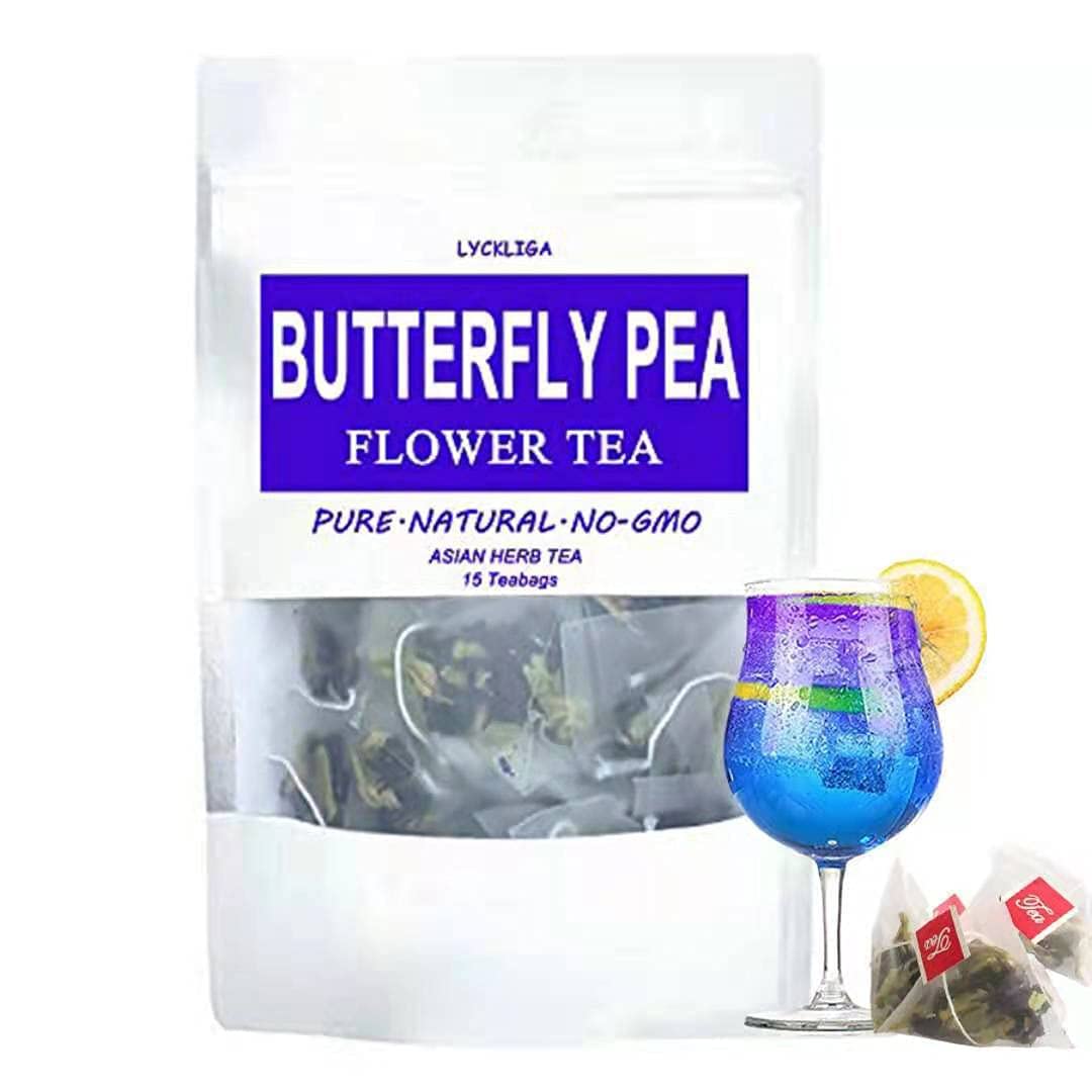 LYCKLIGA Butterfly Pea Flower Tea - 15 Premium Dried Tea Bags, Antioxidant Blue Tea for Drinks