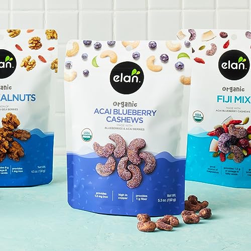 Elan Organic Acai Blueberry Cashews, 5.3 oz, Non-GMO, Vegan, Gluten-Free, Kosher, Glazed Nuts (Roasted Cashews, Acai Berry Powde
