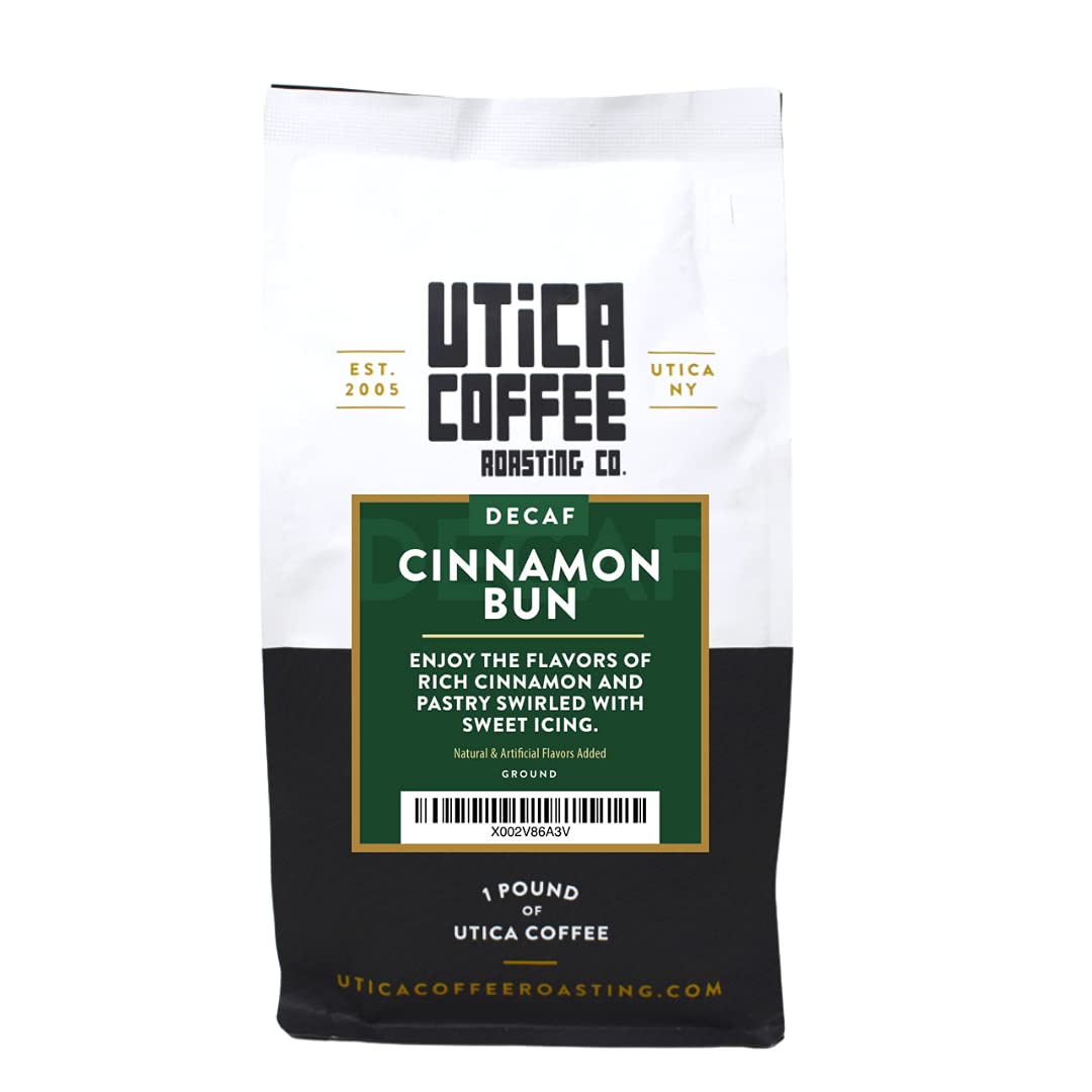 Utica Coffee Roasting Co. Decaf Cinnamon Bun | Specialty Flavored Medium Roast Ground Coffee | 16 Oz Reclosable Bag