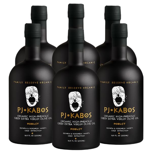 P.J. Kabos 2024/25 Harvest  Very High Phenolic (750+Mg/Kg)  Usda Organic Greek Extra Virflavor Blend Olive Oil  Kosher  Greece  Cold Extracted  16.9 Oz Bottle  Family Reserve Organic - Robust (6-Pack)