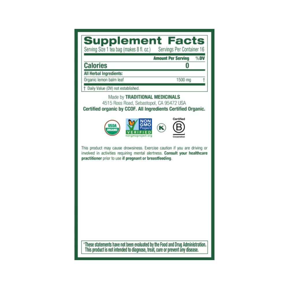 TRADITIONAL MEDICINALS TEA LEMON BALM ORG 16 BG