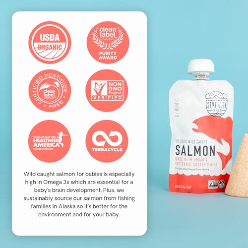Serenity Kids 6+ Months Baby Food Pouches Puree Made With Ethically Sourced Meats & Organic Veggies | 3.5 Ounce Bpa-Free Pouch | Wild Caught Salmon, Butternut Squash, Beet | 1 Count