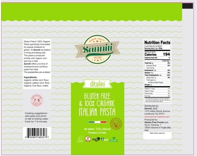 Sanniti Italian Gluten Free European-Kosher Vegan GMO-Free Pasta Made with Corn and Rice, 8.8 oz, Pack of 2 (Ditalini)