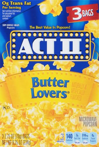 ACT II Butter Lovers Microwave Popcorn, 3-Count 2.75-oz. Bags (Pack of 2)