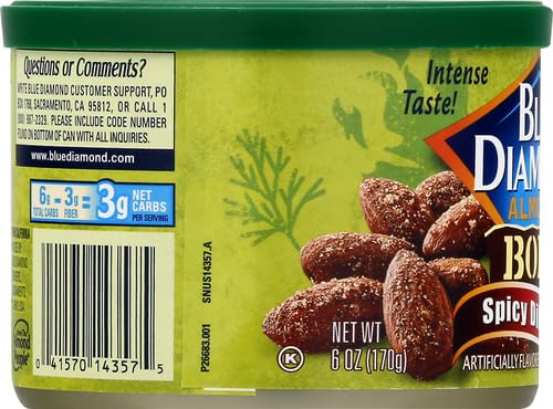 Blue Diamond Almonds Spicy Dill Pickle Flavored Snack Nuts, 6 Oz Resealable Can (Pack of 2)