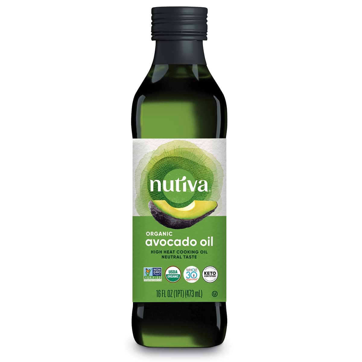 Nutiva Organic Steam-Refined Avocado Oil, 100% Pure, 16 Fl Oz, USDA Organic, Non GMO, Whole 30 Approved, Keto, Paleo, High-Heat 