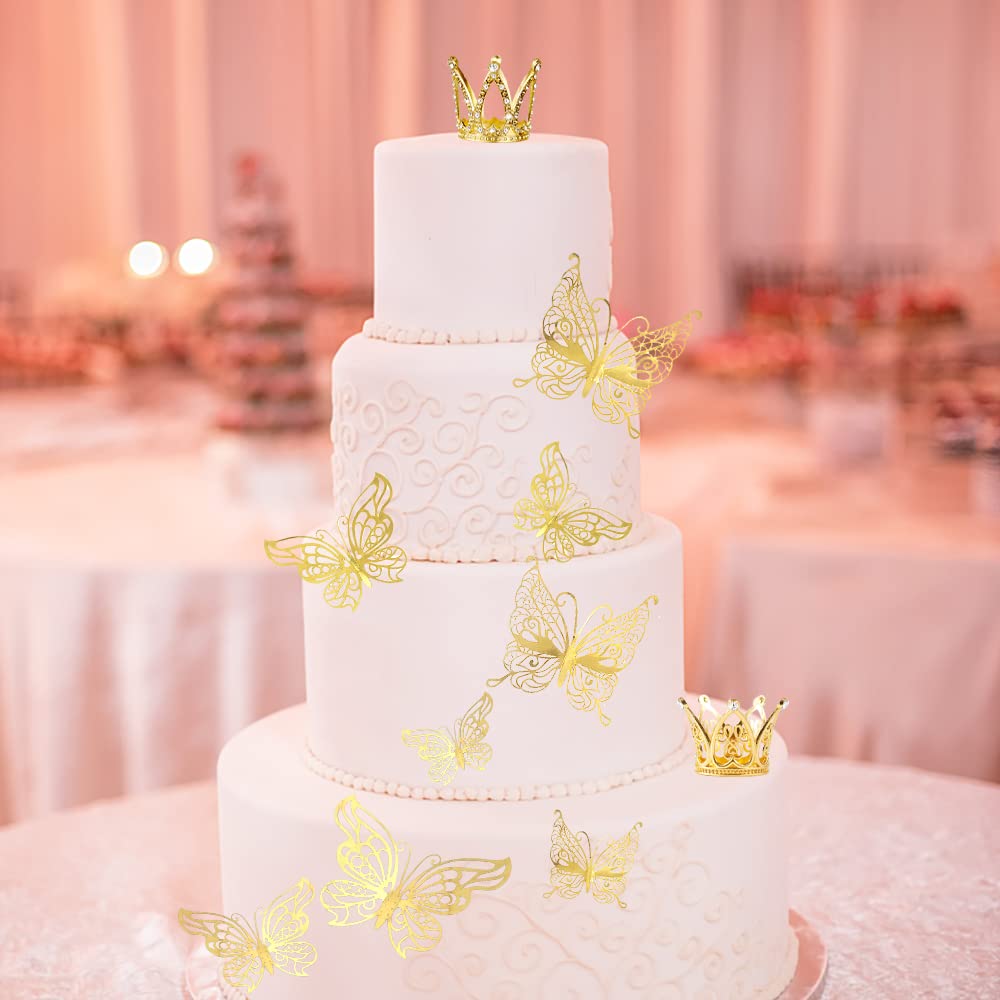 30 Pieces Mini Crown Cake Topper Small Gold Crown Mini Tiara With Gold Butterfly Decoration 3D Gold Butterflies For Flower Arran