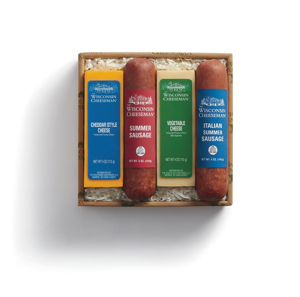 The Wisconsin Cheeseman 4 Pack Summer Sausage n Cheese Logs - Meats and Cheeses Gift Basket with Cheddar Style, Vegetable, and 