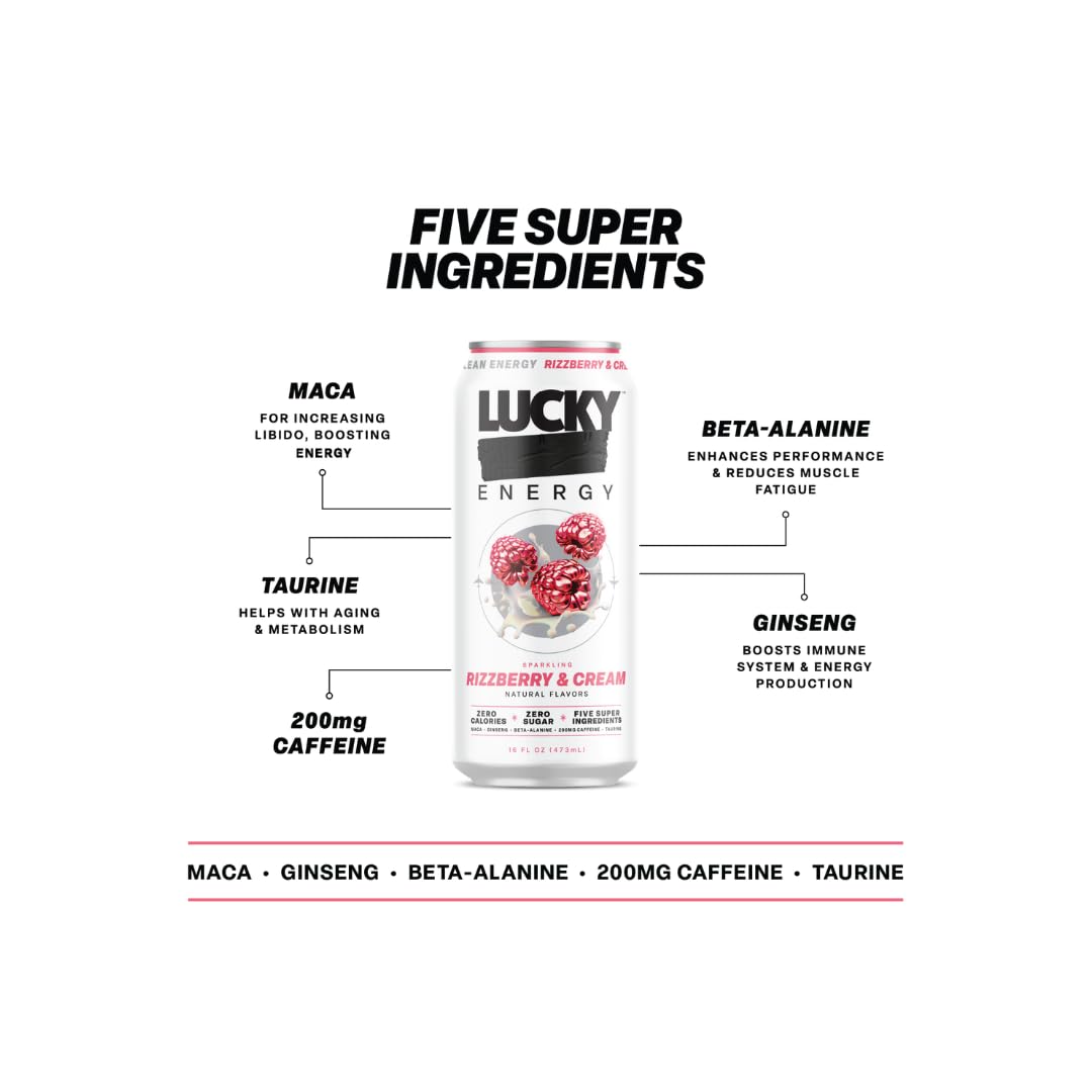 Lucky Energy Sugar Free Energy Drink, 16oz Cans, 12-Pack, Rizzberry and Cream, Zero Sugar, 200mg Caffeine