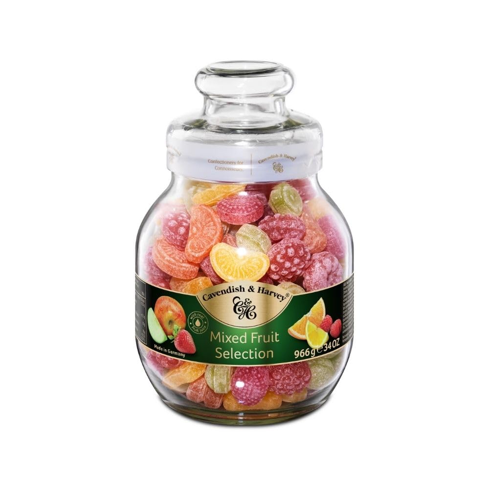 Cavendish & Harvey Mixed Fruit Hard Candy Drops, 34 Ounce Jar, Multicolor, Model 4037719066009