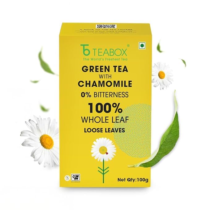 Teabox Enhanced Green Tea With Chamomile Flowers | 100% Whole Leaf & 0% Bitterness | Green Tea From The Himalayas| Low Caffeine | 100G Loose (3.52Oz)