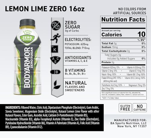 Bodyprotective Covering Zero Sugar Lemon Lime, Sugar Free Sports Drink - Low-Calorie Hydration - Natural Flavors With Potassium Packed Electrolytes, Antioxidants, And B-Vitamins, 16 Fl Oz (Pack Of 12)