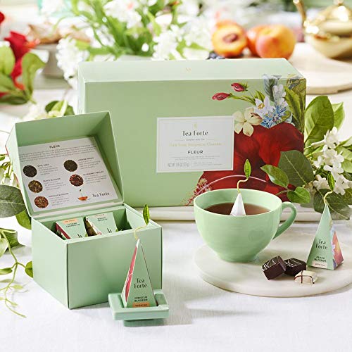 Tea Forte Fleur 3-Piece Premium Tea Gift Set With Pale Mint Green Cafe Cup With Lid, Tea Tray And 10 Assorted 2 Of Each Variety