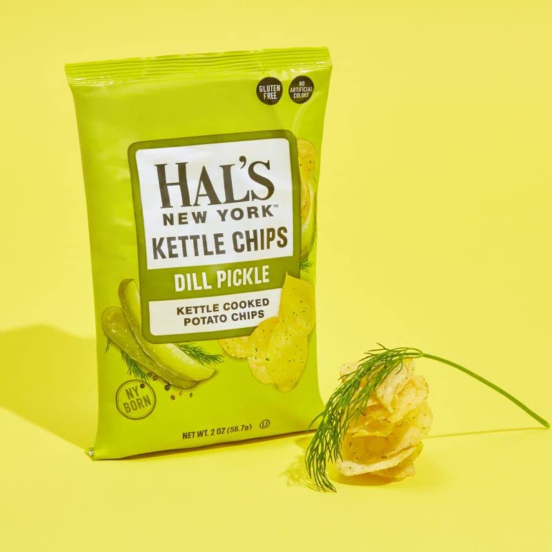 Hal'S New York Kettle Cooked Gluten Free Dill Pickle Flavored Potato Chip Crisps, 2 Oz (Pack Of 24)