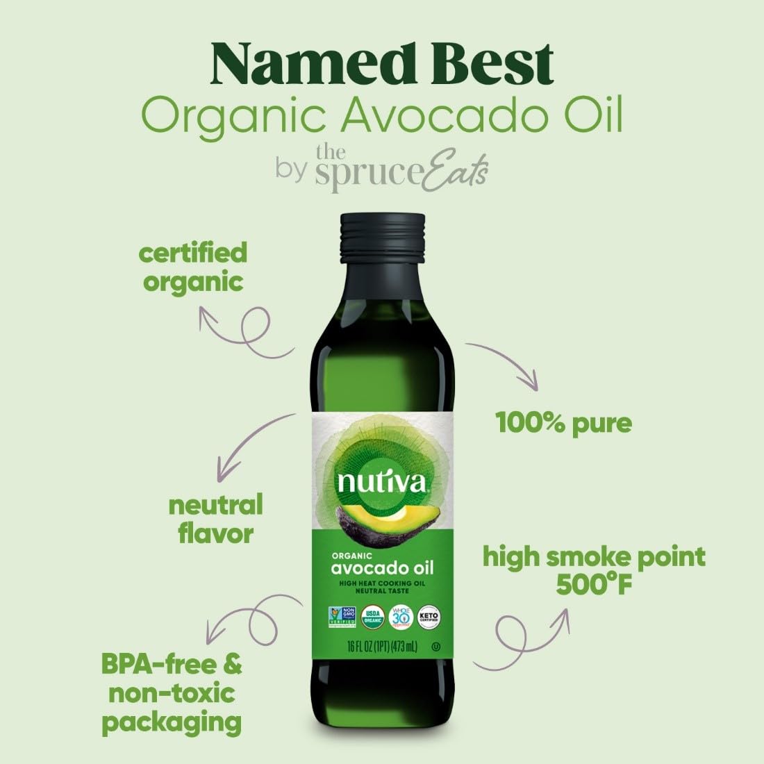 Nutiva Organic Steam-Refined Avocado Oil, 100% Pure, 16 Fl Oz, USDA Organic, Non GMO, Whole 30 Approved, Keto, Paleo, High-Heat