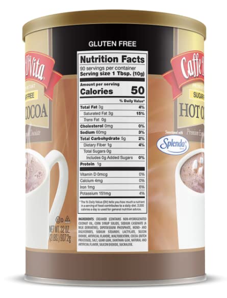 Caffe Dvita Sugar Free Hot Cocoa Mix - Sugar Free Hot Chocolate Mix, Gluten Free, Low Fat, No Cholesterol, No Hydrogenated Oils,