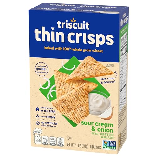 Triscuit Thin Crisps Sour Cream & Onion Whole Grain Wheat Crackers, Lunch Snacks, Bulk Snack Crackers, 6-7.1 oz Boxes