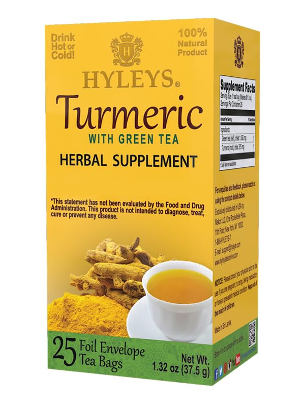 6 Pack Of Hyleys Wellness Turmeric With Green Tea - 25 Tea Bags (100% Natural, Sugar Free, Gluten Free & Non-Gmo), 150 Count