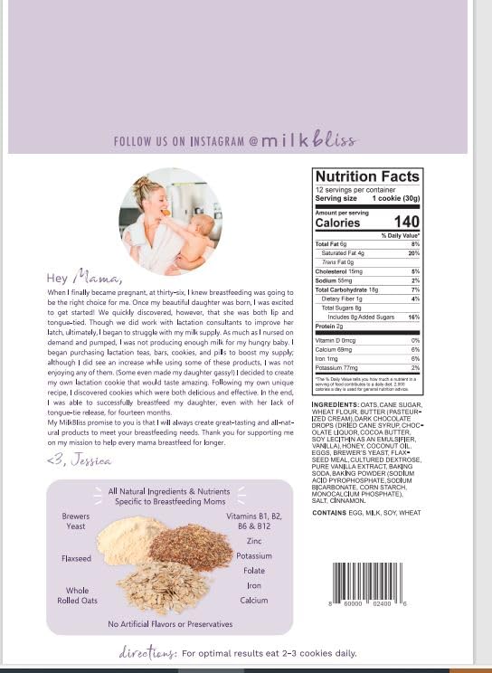 MilkBliss Dark Chocolate Chip Oatmeal Cookies with malt-inspired Yeast, 12 oz, Lactation Support for Breastfeeding