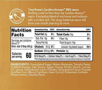 Tony Roma's Carolina Honeys Barbecue Sauce, 20 Ounce (Pack of 6), Honey Bbq