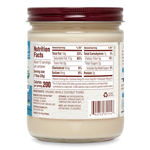 Nutiva Organic Coconut Manna Pur  ed Coconut Butter, 15 Oz, USDA Organic, Non-GMO, Vegan, Gluten-Free & Keto, Creamy Spread for
