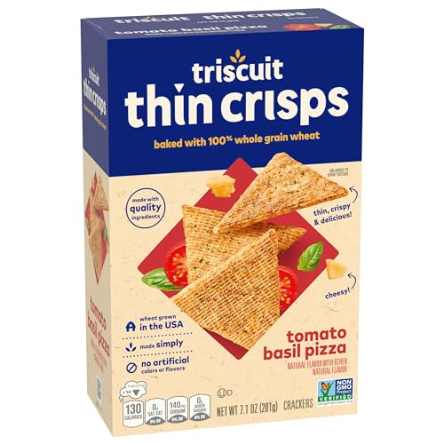 Triscuit Thin Crisps Tomato Basil Pizza Whole Grain Wheat Crackers, Lunch Snacks, Bulk Snack Crackers, 6-7.1 oz Boxes