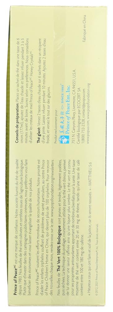 Prince Of Peace 100% Organic Green Tea 100 Tea Bags Net Wt. 6.35 Oz (180 G)