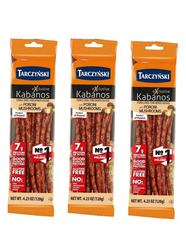 TARCZYNSKI Dried Pork Kabanos with Porcini Mushroom, 4.23oz (3 Pack) - Gourmet Snack Sticks