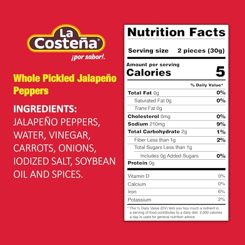 La Costeña Whole Pickled Jalapeño Peppers, 7 Ounce, Pack of 24