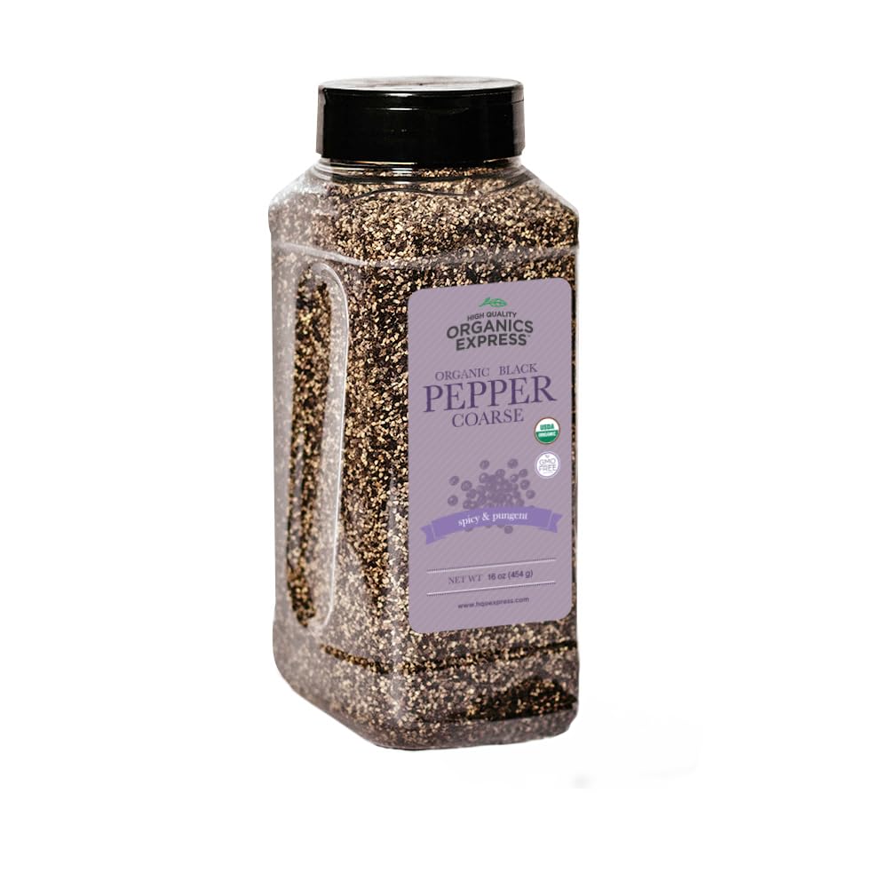 HqO Organic Coarse Ground Black Pepper, Non-GMO, USDA Certified, 16 oz Chef Jar