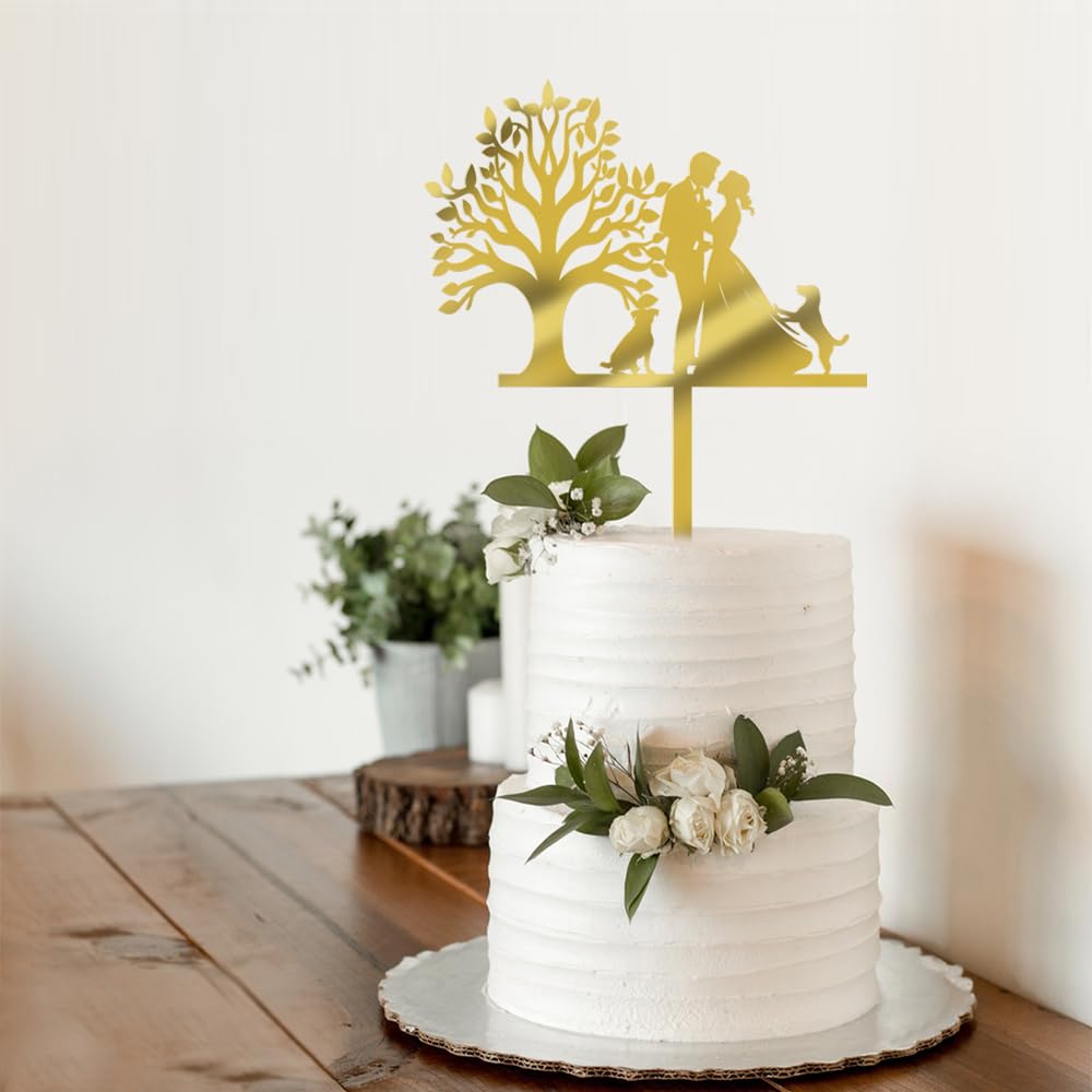 Acrylic Mr & Mrs Cake Topper -Wedding Engagement Bridal Shower Cake Topper,Bride Hold Groom with Flowers Besides 2 Pet Dogs Silh