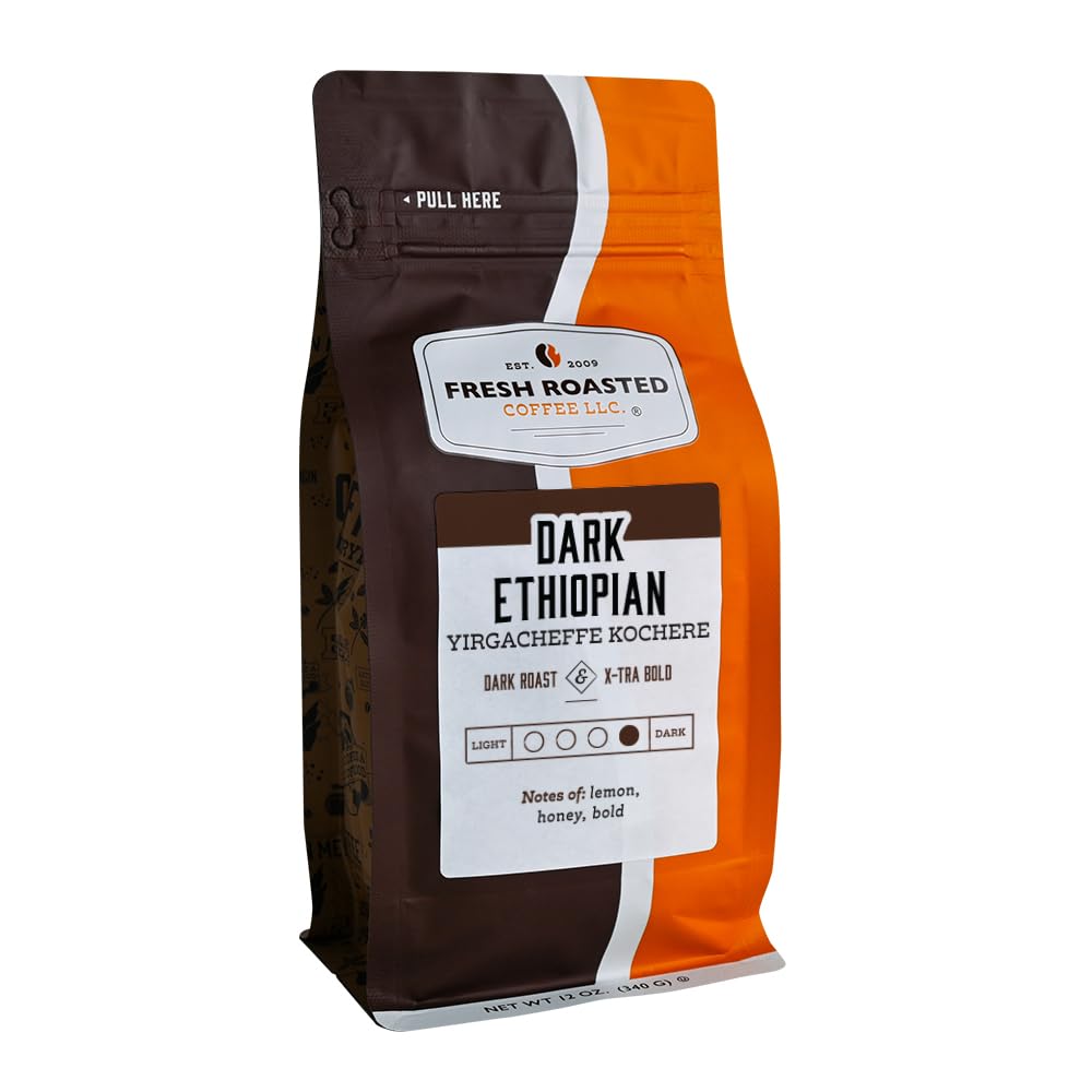 Fresh Roasted Coffee, Dark Ethiopian Yirgacheffe Kochere, 12 Oz, Dark Roast, Kosher, Whole Bean