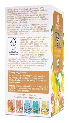 Hyleys Organic Green Tea Ginger and Lemon Flavor - 25 Tea Bags