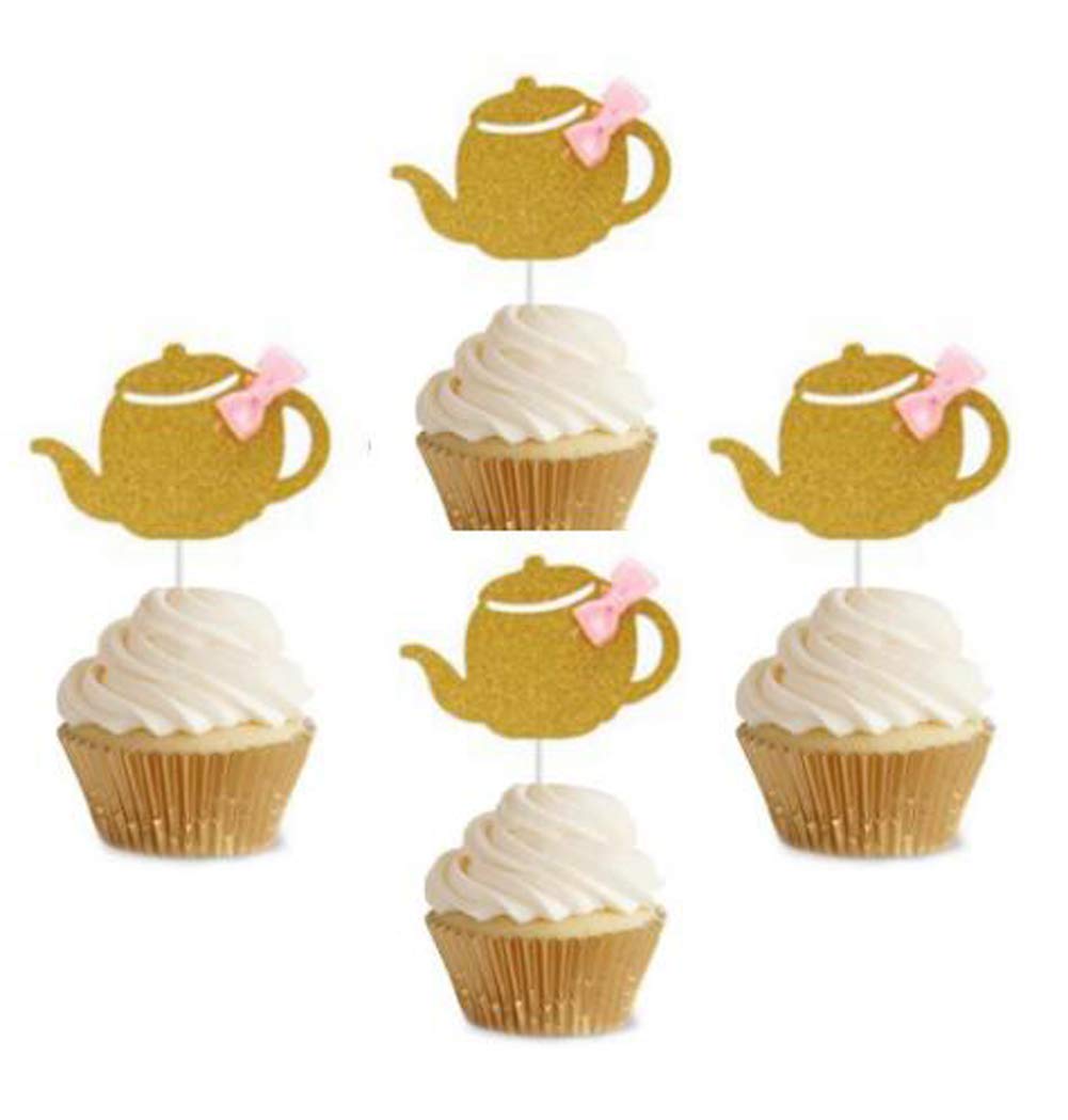 Glitter Gold Tea Party Cupcake Toppers Teapot Cupcake Toppers - 24Pcs