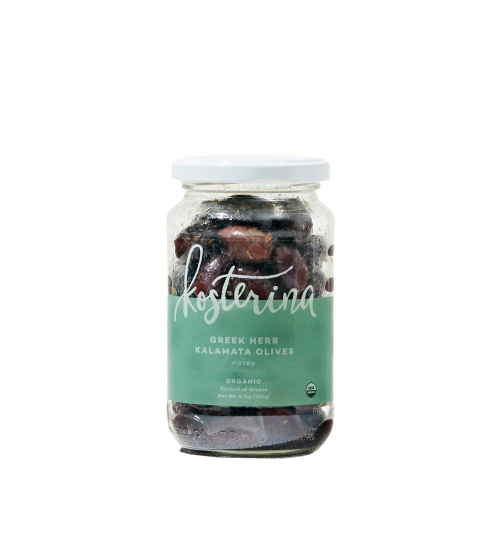 Kosterina - Organic Greek Herb Kalamata Olives, Pitted & Dry-packed - Great for Salads, Garnishing Cocktails and Snacking | 6.7o