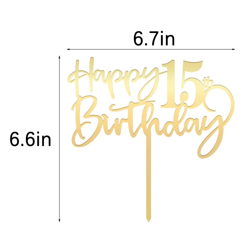 Mirrored Gold Acrylic 15Th Birthday Cake Topper - Durable Party Decorations, 'Hello 15' & 'Happy 15' Designs
