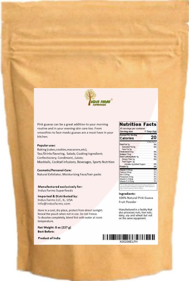 Indus Farms Pink Guava Fruit Powder, 8 oz, GMO-Free, Natural Pre-Workout & Post-Workout dietary product