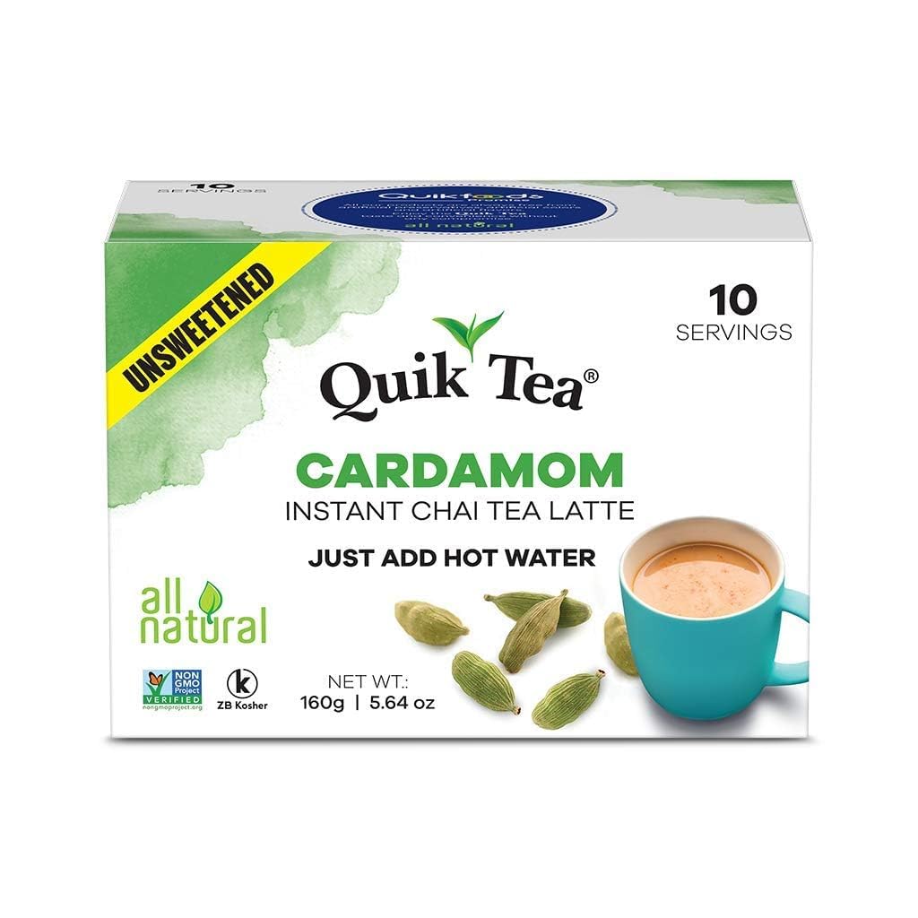 Quiktea Unsweetened Cardamom Chai Tea Latte - 10 Count Single Box - All Natural Preservative Free Authentic Chai