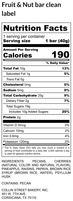 Collin Street Bakery Fruitcake Bar - Chewy Breakfast Bar & On-The-Go Snack - Gluten Free, Soy Free, & Dairy Free Fruit & Nut Bar - Individually Wrapped Soft Snack Bars (1.4.Oz Each) - 12 Pack