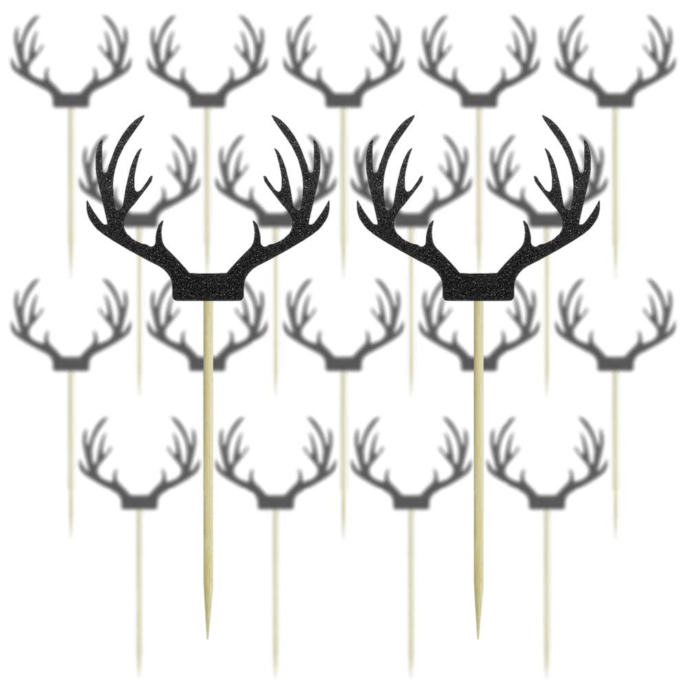 Saktopdeco 20 Counts Black Deer Antler Cake Topper Glitter Paper Christmas Reindeer Cupcake Toppers Picks For Themed Party Decor