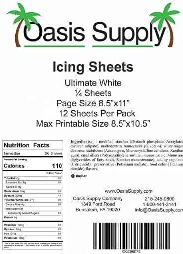 Oasis Supply Ultra Premium, Pliable, Non Cracking Icings Sheets, White (8.5'' X 11.5'', 12)