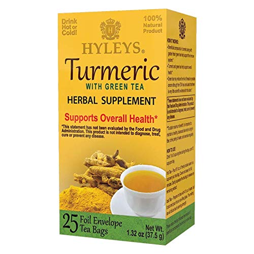 6 Pack Of Hyleys Wellness Turmeric With Green Tea - 25 Tea Bags (100% Natural, Sugar Free, Gluten Free & Non-Gmo), 150 Count